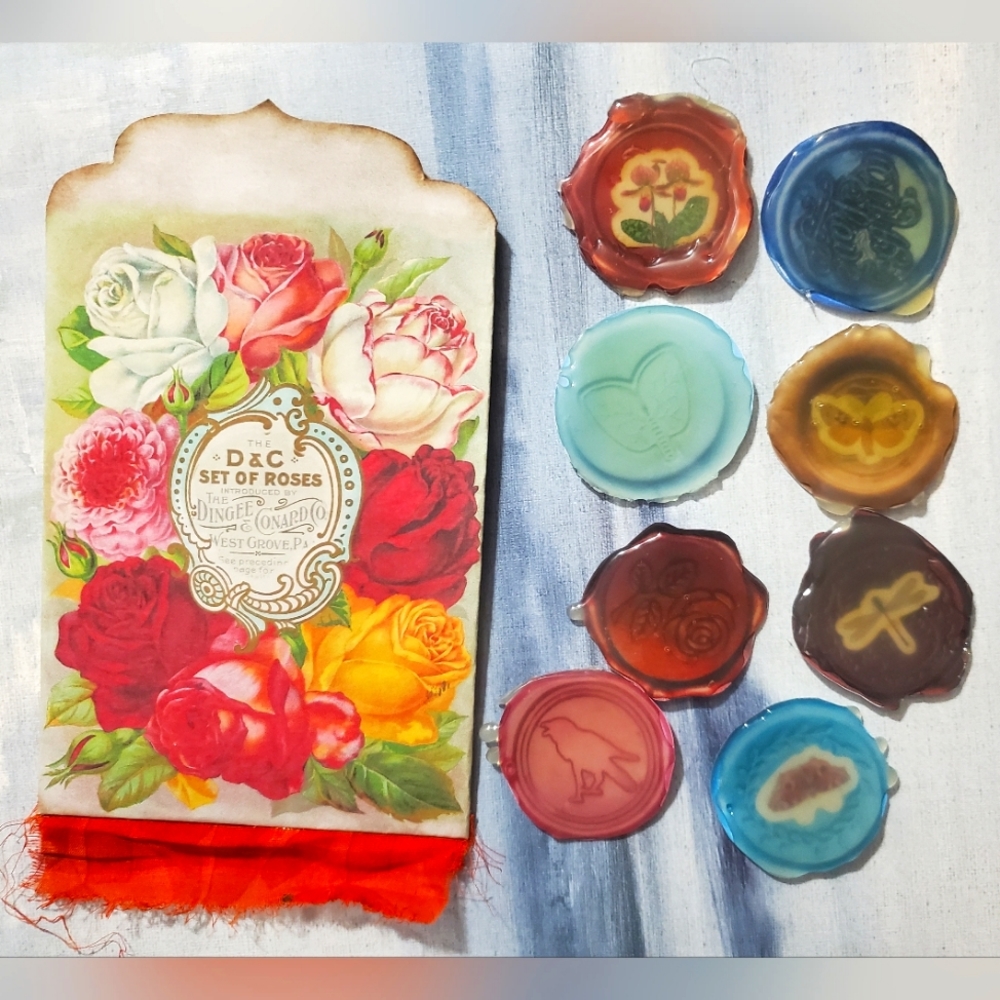 🙏 HAND CRAFTED one rose vintage print envelope with set of 8 faux wax se
